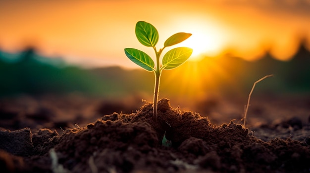 Planta verde joven con suelo a la luz del sol.