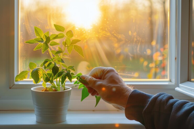Planta verde junto a la ventana con la mano de una persona que entra