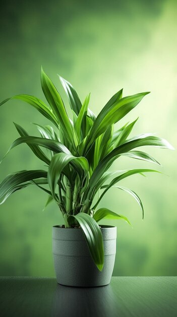 Una planta verde en una maceta blanca con fondo verde.