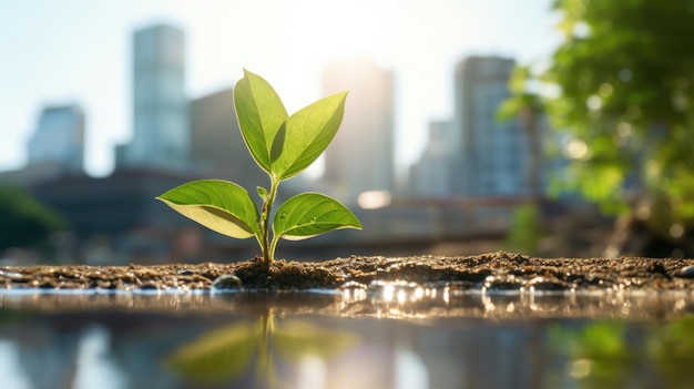 Planta verde no fundo da cidade Conceito de edifício ecológico Criado com tecnologia de IA generativa