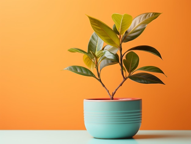 planta verde en una olla azul sobre un fondo naranja imagen libre de derecho