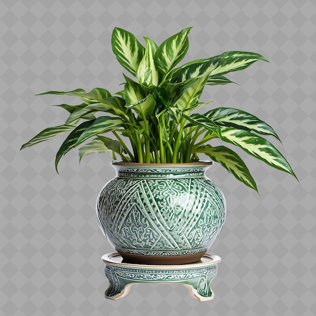 una planta verde en una olla con un fondo blanco con un diseño en ella