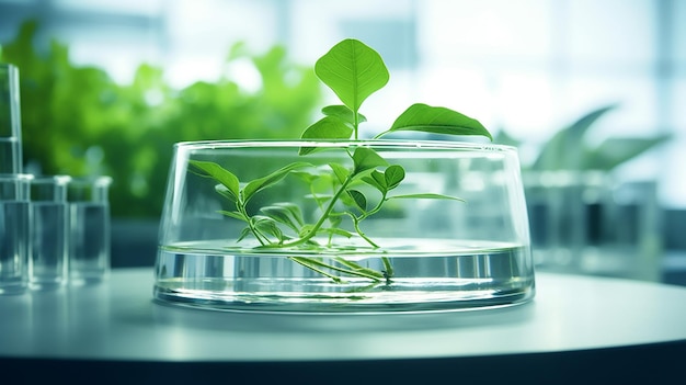 Planta verde en una placa de Petri en la mesa en el laboratorio