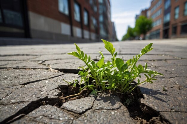 Foto planta verde que brota a través de los bloques de pavimentación