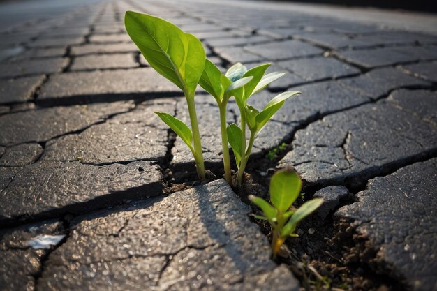 Foto planta verde que brota a través de los bloques de pavimentación