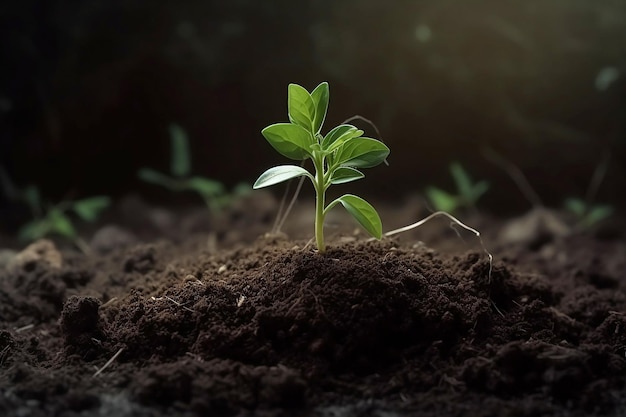 Planta verde que crece en buen suelo Planta joven que crece a la luz del sol desde el suelo ilustración macro fotorrealista Ilustración orgánica generada por IA natural