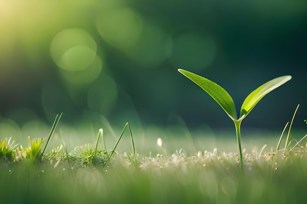 una planta verde que crece en la hierba con el sol brillando al fondo.