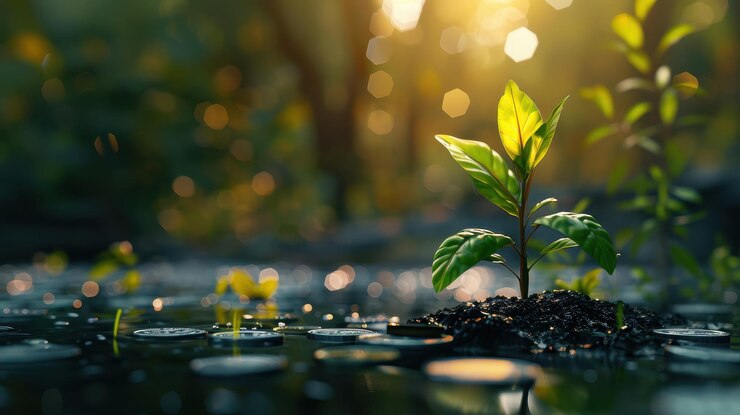 Planta verde que crece en las monedas que simboliza el crecimiento financiero y la inversión ecológica en un entorno natural
