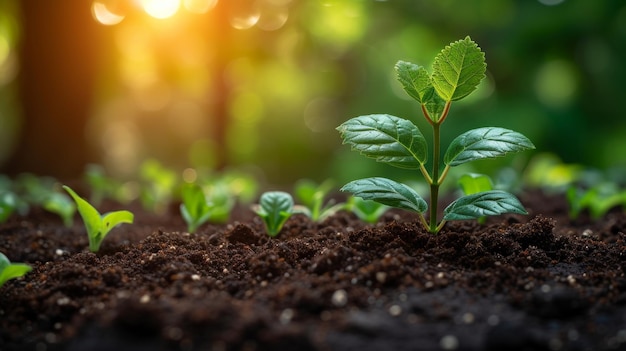 Planta verde que crece en el suelo sobre un fondo natural borroso Concepto de ecología IA generativa