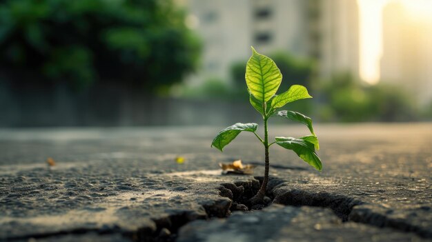 planta verde que cresce a partir de rachaduras no asfalto