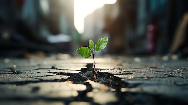 Una planta verde que prospera dentro de la acera de hormigón agrietada que simboliza la esperanza IA generativa