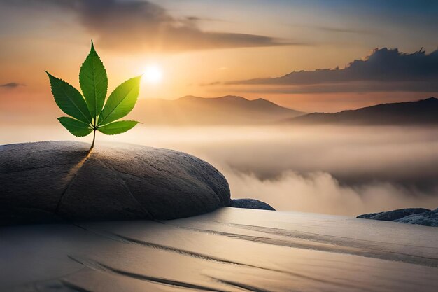 una planta verde en una roca frente a un paisaje de montaña.