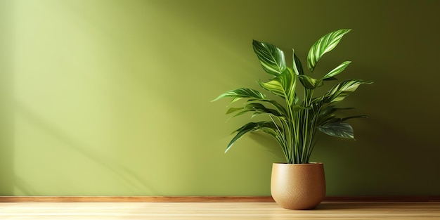 Planta verde en salón verde con espacio de copia