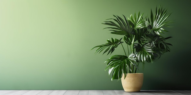 Planta verde en salón verde con espacio de copia