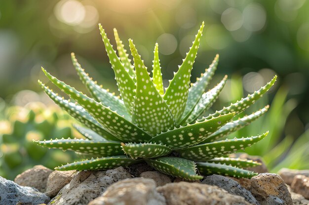 Una planta verde sentada en la parte superior de una pila de rocas