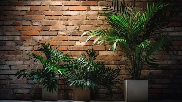 Planta verde tropical no fundo de uma parede de tijolo Generative Ai