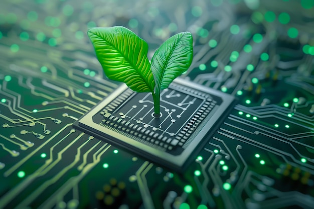 Una planta verde vibrante emerge de las intrincadas vías de una placa de circuito Generative Ai