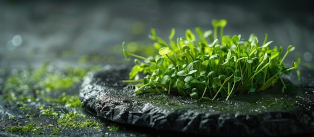 Planta verde vibrante en una superficie negra