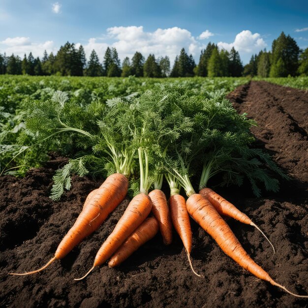 La planta de zanahorias cosecha la cosecha de naranjas crece desde el campo de tierra vegetales silvestres cultivados