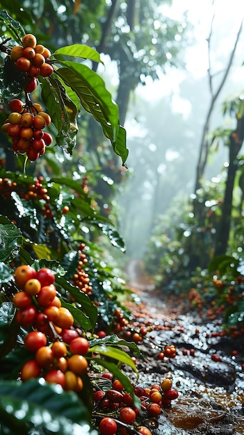 Plantação de caféPlaneamento de grãos de café que crescem na árvore de café