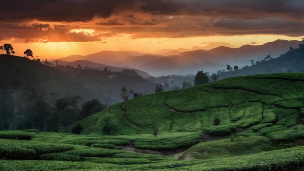 Plantação de chá ao pôr-do-sol em Munnar, Kerala, Índia, vista da paisagem montanhosa com um céu dramático