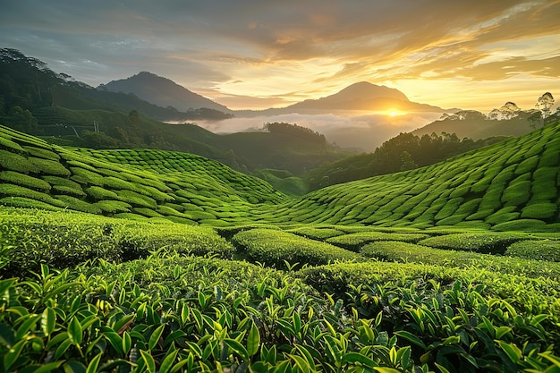 Plantação de chá perto de Sunrise em Cameron Highlands Malásia Ásia IA generativa