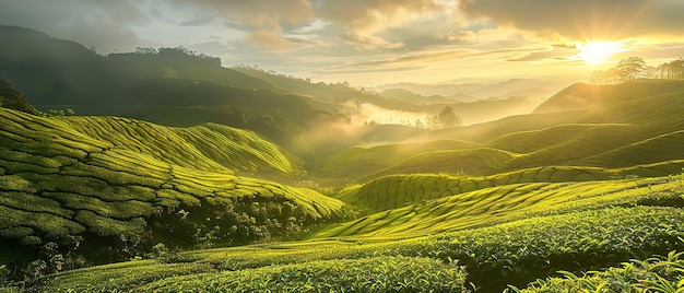 Plantação de chá perto de Sunrise em Cameron Highlands Malásia Ásia IA generativa