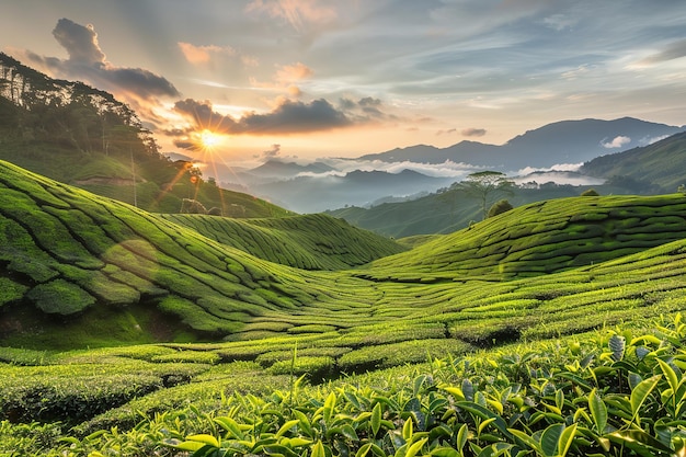 Plantação de chá perto de Sunrise em Cameron Highlands Malásia Ásia IA generativa