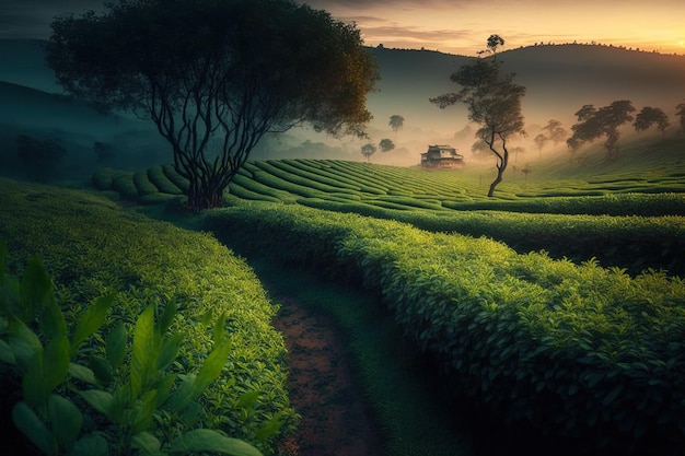 Plantação de chá verde ao entardecer com fundo da natureza