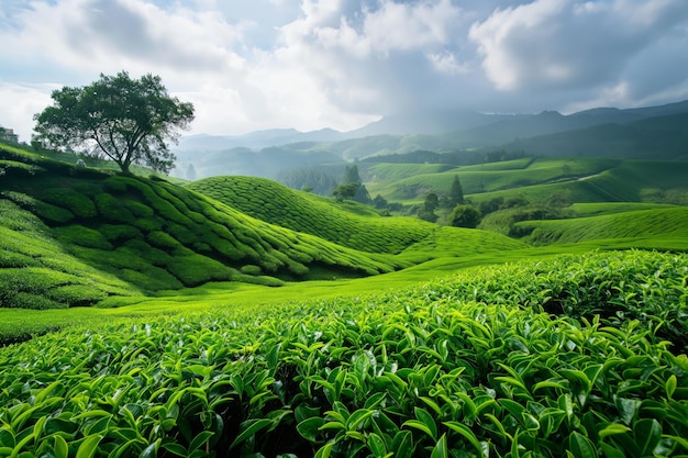 Plantação de chá verde em clima nublado fundo natural