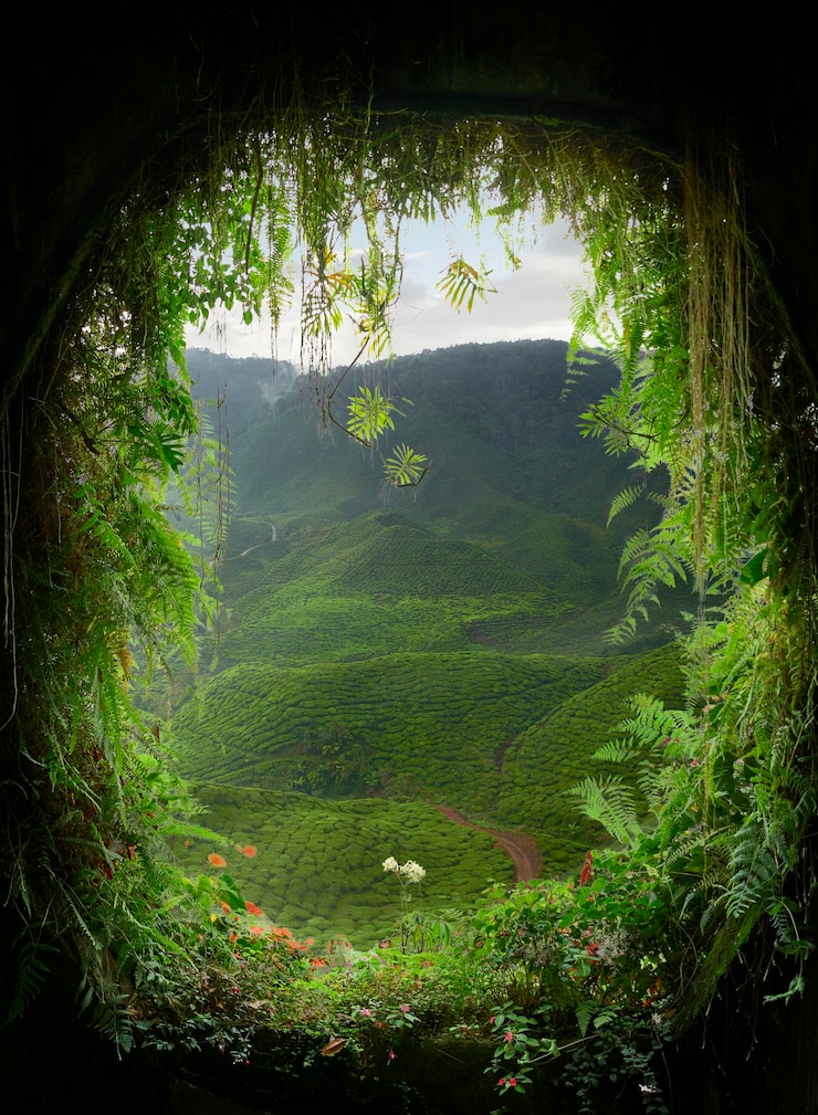 Foto plantação de chá verde exuberante vista através da abertura do túnel coberta de vegetação