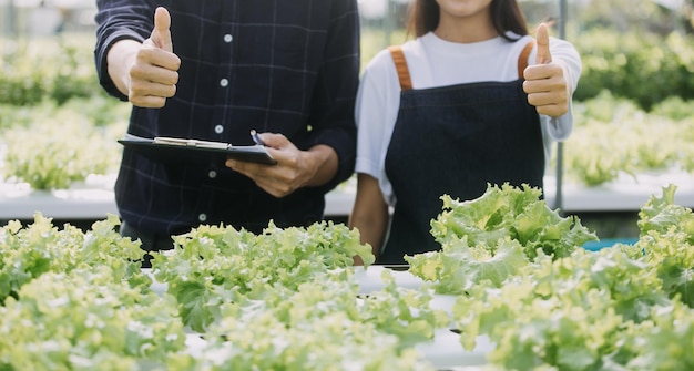 Plantação de fazendeiro verificando qualidade por tecnologia moderna de agricultura de tablet Conceito Agricultura inteligente usando tecnologias modernas na agricultura Homem agricultor agrônomo com computador tablet digital