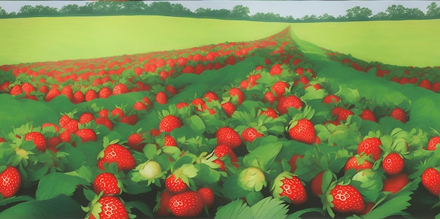 Plantação de morangos em um dia ensolarado Landschaft mit einem Erdbeerfeld