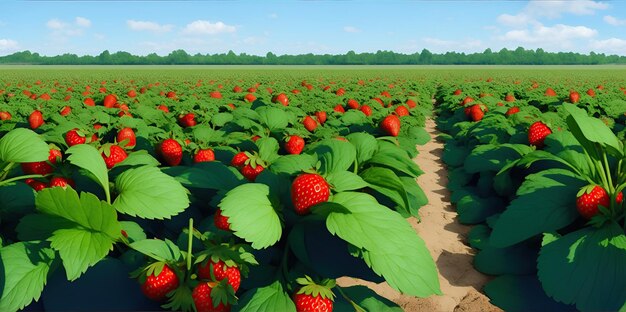 Plantação de morangos em um dia ensolarado Landschaft mit einem Erdbeerfeld