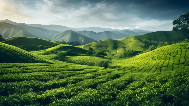 Plantação exuberante de chá verde em colinas onduladas