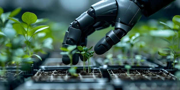 Plantação robótica à mão Plantação de brotos verdes em agricultura de alta tecnologia Estufas para conservação Conceito de tecnologia agrícola Inovação robótica Estufas de conservação Agricultura sustentável