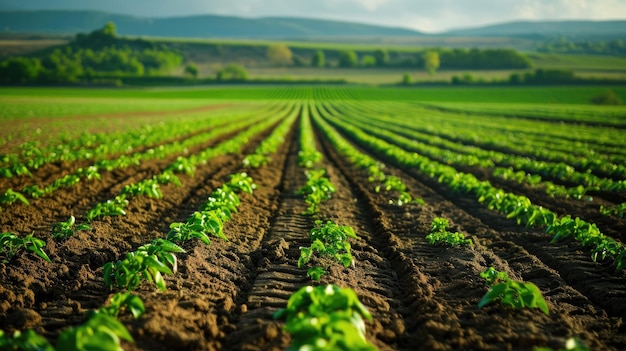 Plantación agrícola en el paisaje agrícola de campo Planta de cultivo verde