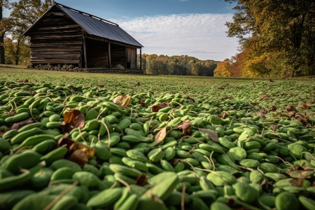 Plantación de frijoles verdes con granero en el fondo IA generativa