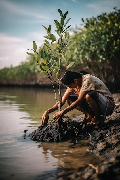 Plantación de manglares para la conservación del medio ambiente y la restauración del hábitat en el Día de la Tierra
