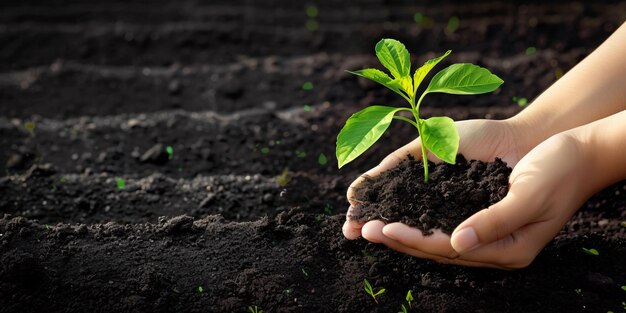 Foto plantación a mano de plantas jóvenes copia del espacio del área de fondo del estandarte