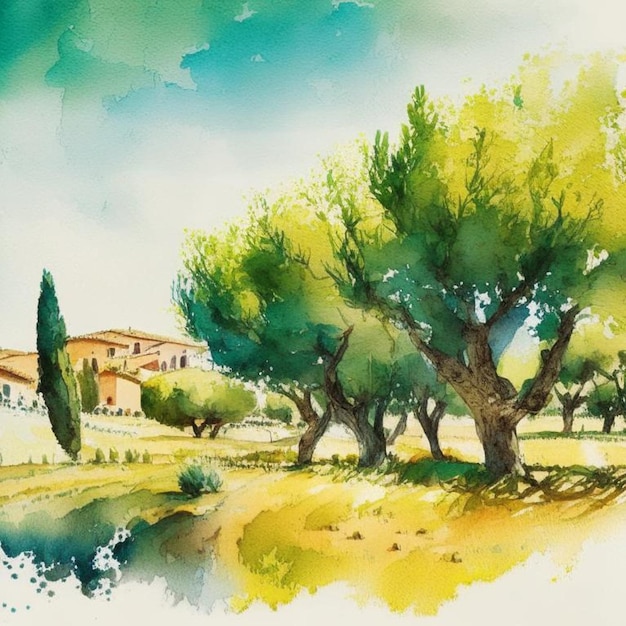 Plantación de olivos con viejos olivos en Italia Ilustración de acuarela Paisaje de verano