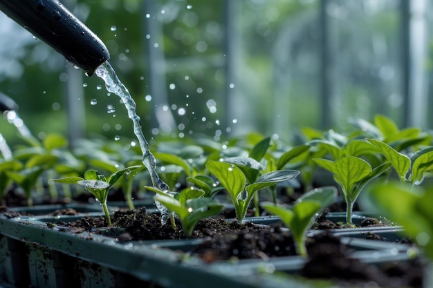 Plantación de plántulas de cerca en el concepto de jardinería de invernadero en el invernadero