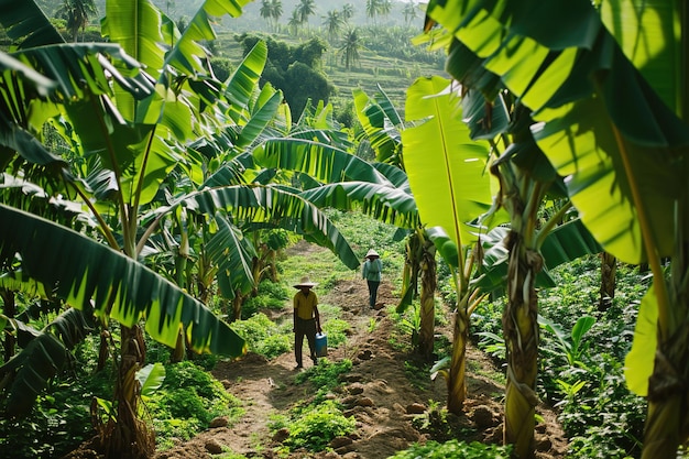 Plantación de plátanos con plantas de plátanos