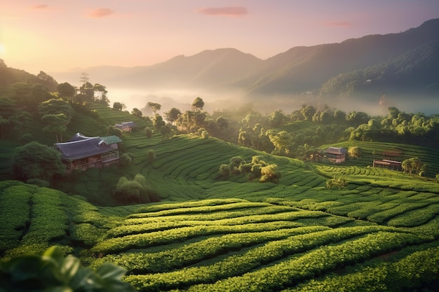 Foto plantación de té en el atardecer fondo de la naturaleza