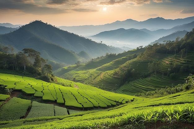 Foto plantación de té en la hora de la puesta del sol fondo de la naturaleza