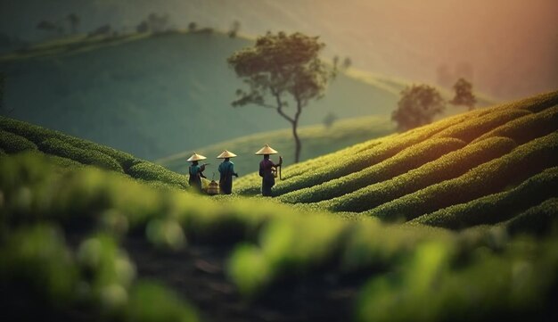 Plantación de té indio con trabajadores vestidos tradicionales cosechando en la exuberante vegetación