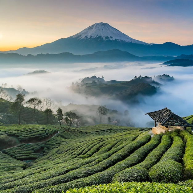 una plantación de té con una montaña en el fondo