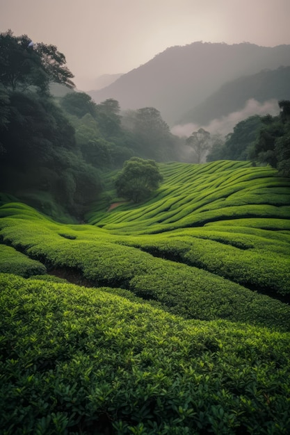 Una plantación de té verde en las montañas.