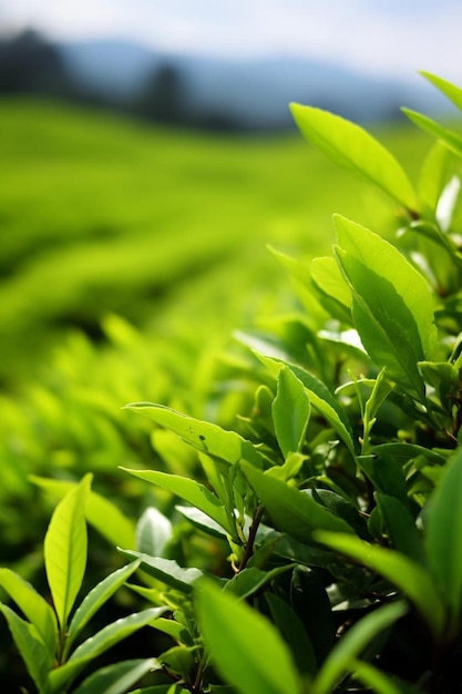 Foto plantaciones de brotes y hojas de té fresco