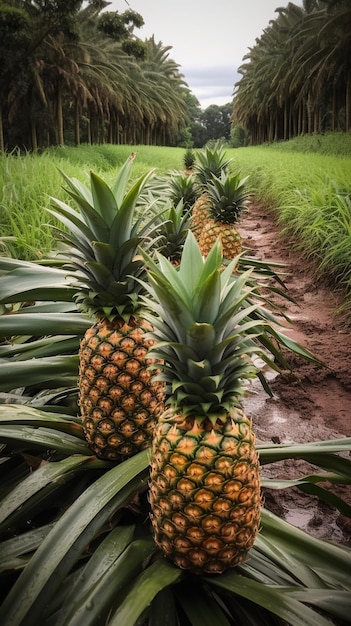 Las plantaciones de piña en la isla de Bali, Indonesia, las piñas están creciendo en el suelo generativo ai